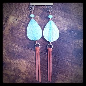 Boho tassel statement drop earrings stone leather